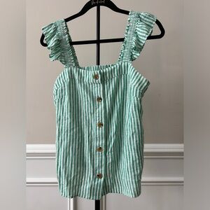 JCREW Womens Linen Button-up Tank Top | Green/White Stripe || Size XS